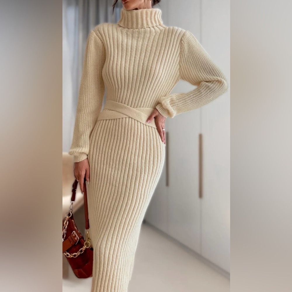 Beige cross split back bow turtleneck, sweater dress